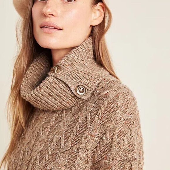 Anthropologie XS NWT Corinne Cable Knit Poncho Sweater Taupe Tan - Picture 6 of 8